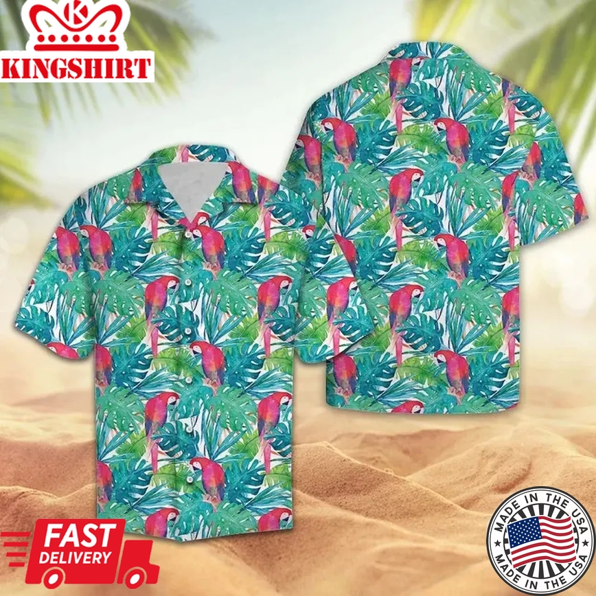 Tropical Parrot With Watercolor Leaves Trendy Hawaiian Shirt, Summer Aloha Hawaii Shirt