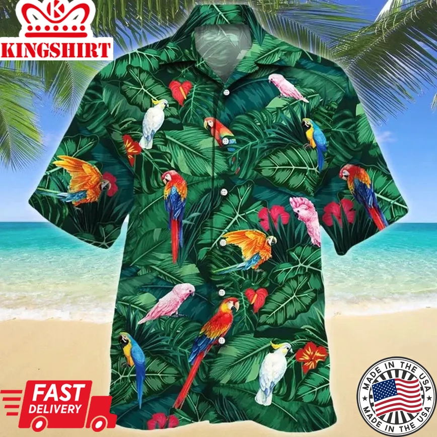 Tropical Parrots Dark Green Trendy Hawaiian Shirt, Summer Aloha Hawaii Shirt