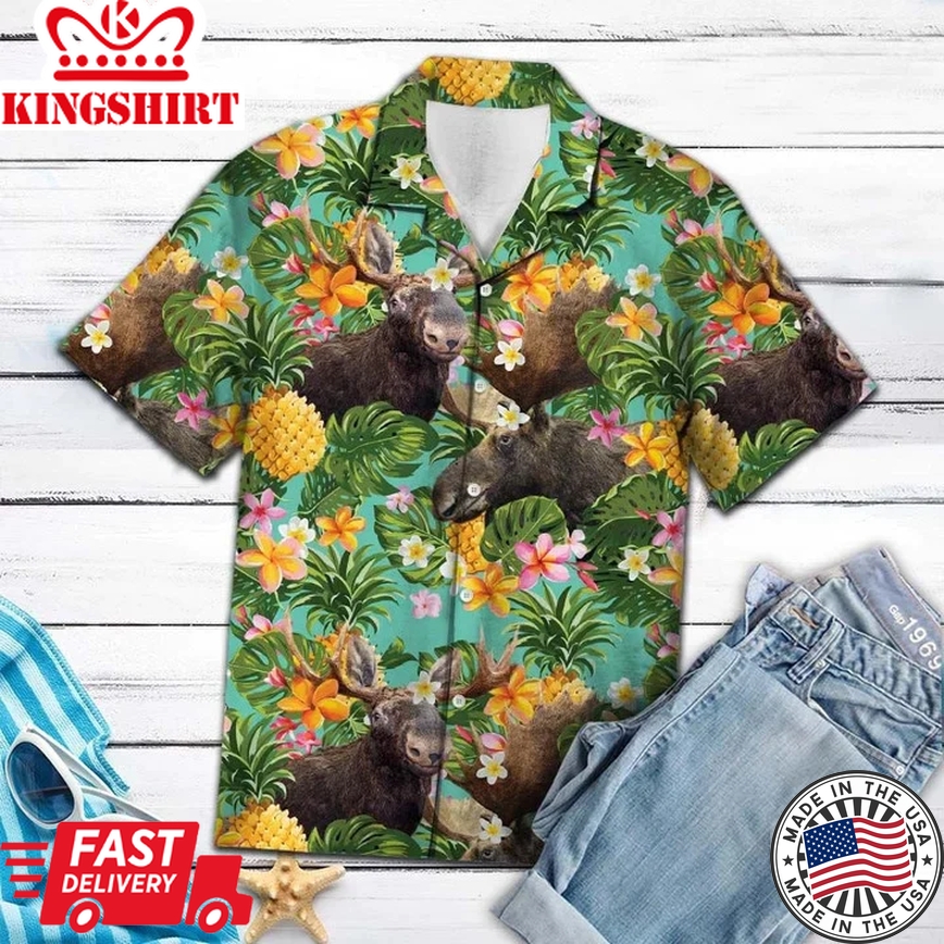 Tropical Pineapple With Moose Trendy Hawaiian Shirt