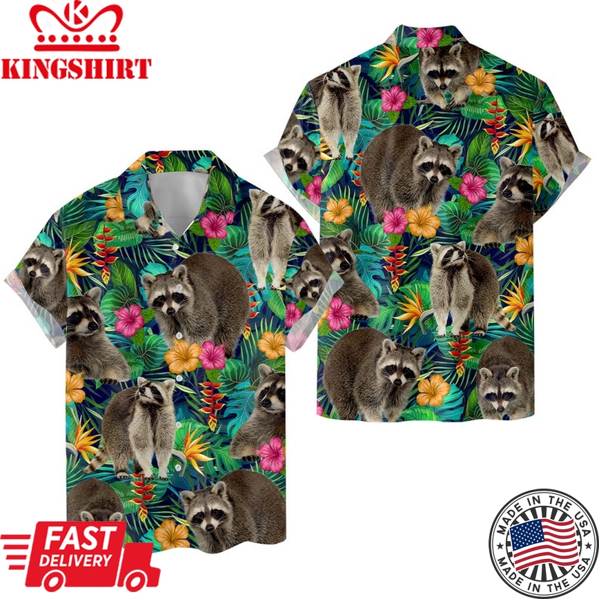 Tropical Racoon Trendy Hawaiian Shirt For Men Women, Animal Casual Men Trendy Hawaiian Shirt Button Down Short Sleeve, Racoon Lovers