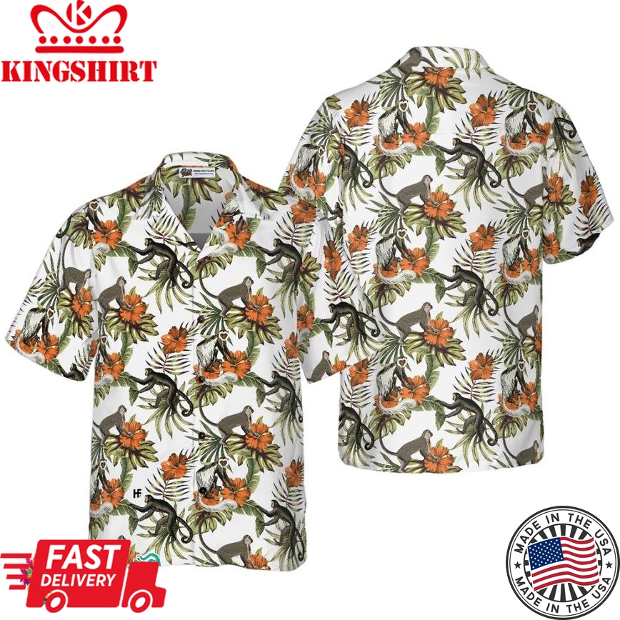 Tropical Red Hibiscus Flower Monkey Shirt For Men Hawaiian Shirt