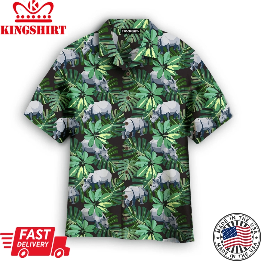 Tropical Rhino Wild Animals Plant Floral Trendy Hawaiian Shirt For Aloha Shirt