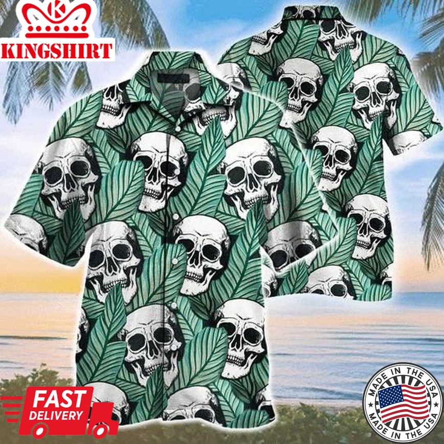 Tropical Skull And Green Leaf Seamless Pattern Trendy Hawaiian Shirt