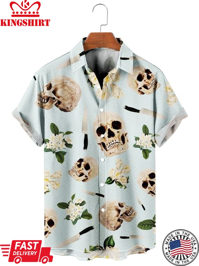 Tropical Skull Print Short Sleeve Summer Hawaiian Shirt