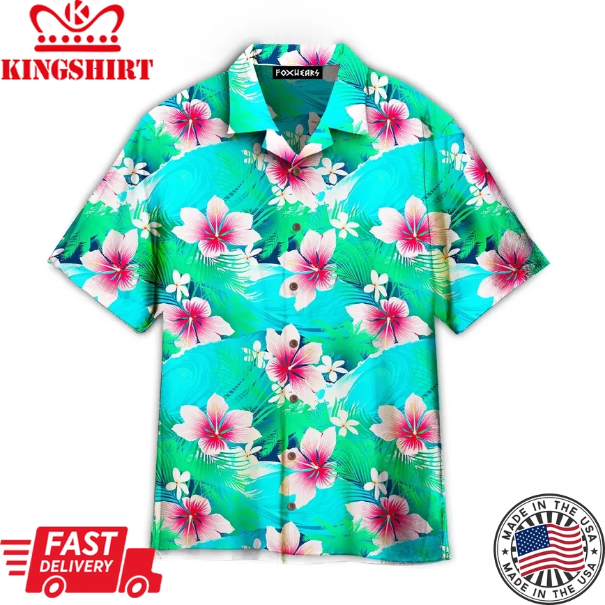 Tropical White Hibiscus Flowers With Green Leaves Trendy Hawaiian Shirt For Aloha Shirt