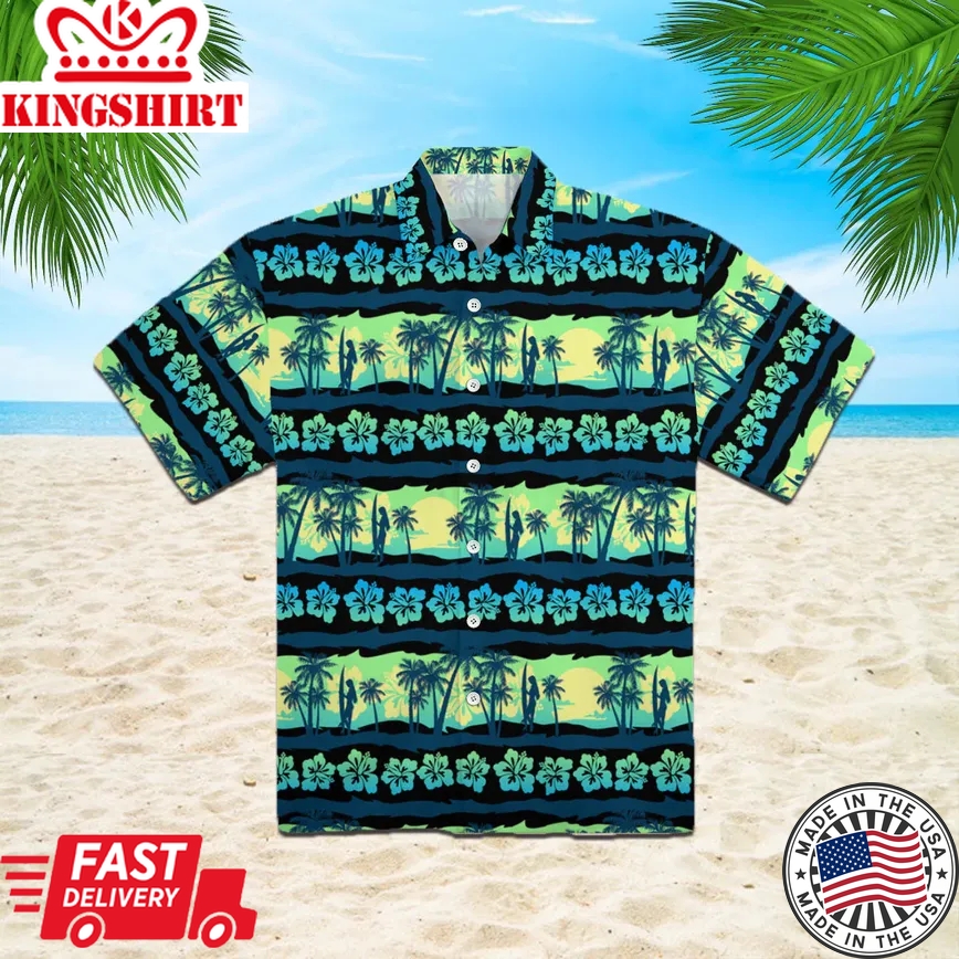 Tropical With Green Sunrise Aloha Trendy Hawaiian Shirts