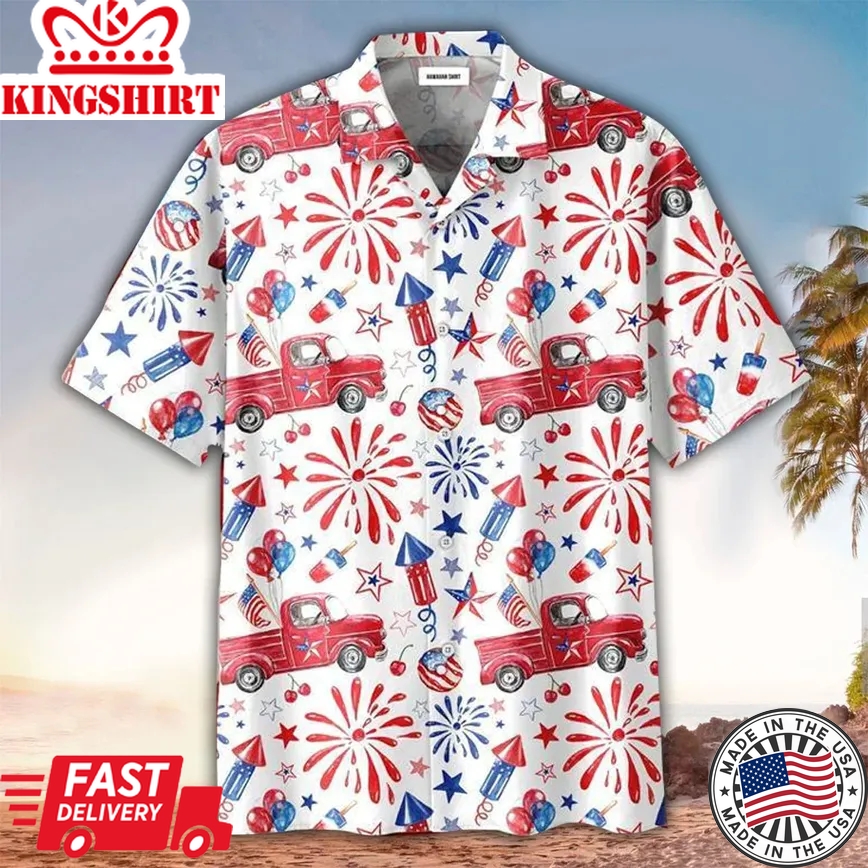 Truck Pattern Trendy Hawaiian Shirt 4Th Of July Button Down Aloha Shirt