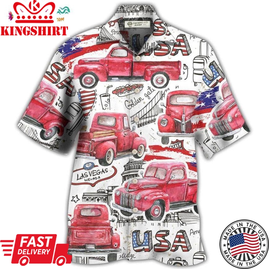 Truck Red Usa Flag Independence Day Hawaiian Shirt