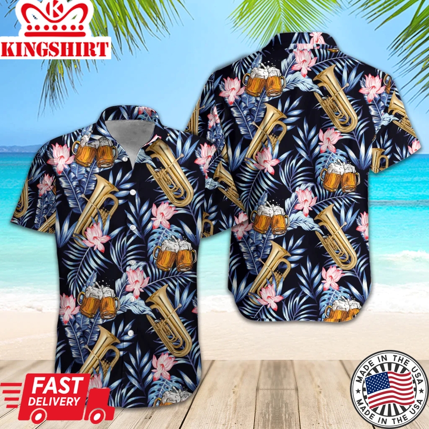 Tuba Beer Summer Cool Leaf Trendy Hawaiian Shirt, Regular Slim Fit Short Sleeve Casual Full Print Shirt