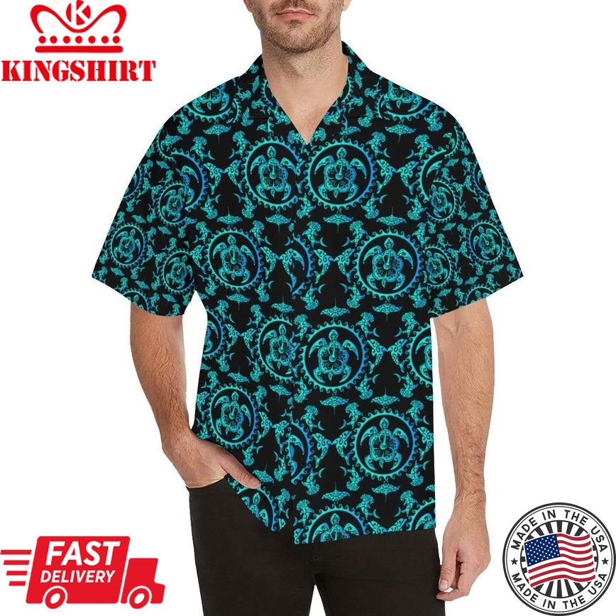 Turquoise Tribal Sea Turtle Hawaiian Trendy Hawaiian Shirt, Turtle Lover Trendy Hawaiian Shirt For