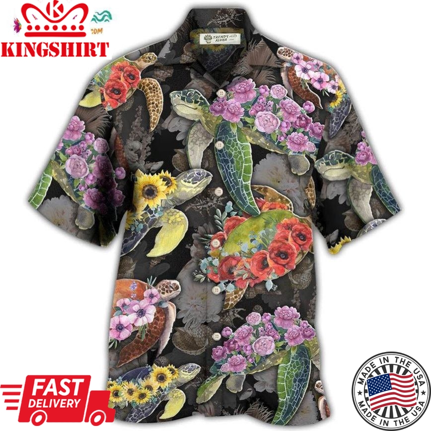 Turtle And Flowers Tropical Art Hawaiian Shirt