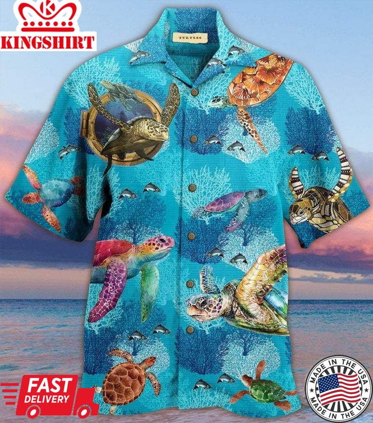 Turtle Blue Ocean Coral Colorful Trendy Hawaiian Shirt 3D, Coral Trendy Hawaiian Shirt For Summer Gifts