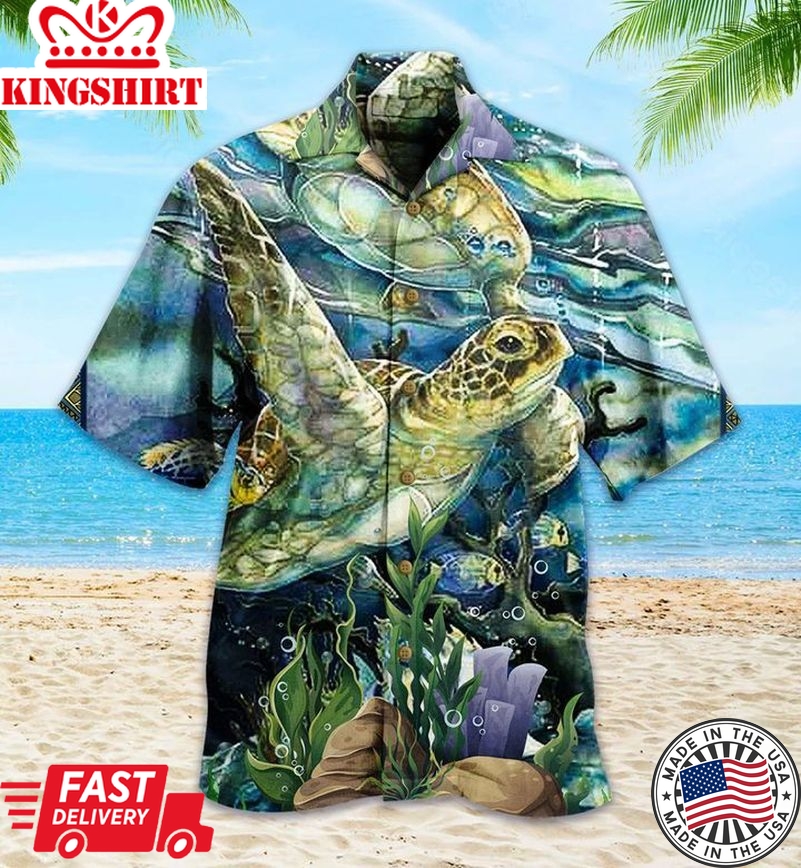 Turtle Fish Coral Blue Trendy Hawaiian Shirt 3D Summer Gifts