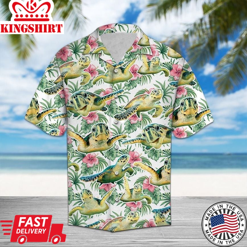 Turtle Flower Tropical Trendy Hawaiian Shirt, Turtle Lover Trendy Hawaiian Shirt For