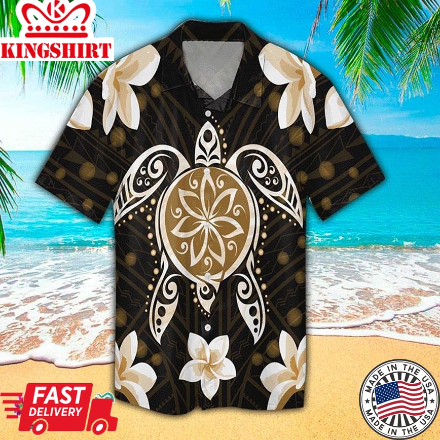 Turtle Hawaiian Shirt Gold Turtle Plumeria Aloha Shirt, Aloha Hawaiian Shirts