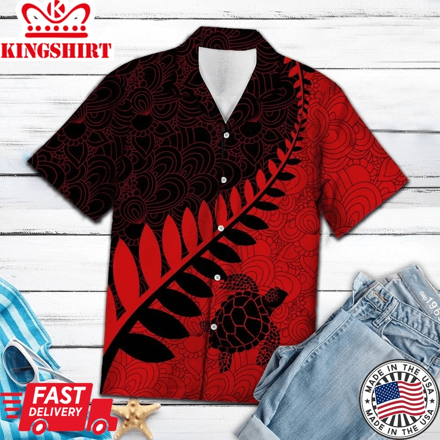 Turtle Leaf Red & Black Pattern Trendy Hawaiian Shirt, Turtle Lover Trendy Hawaiian Shirt For