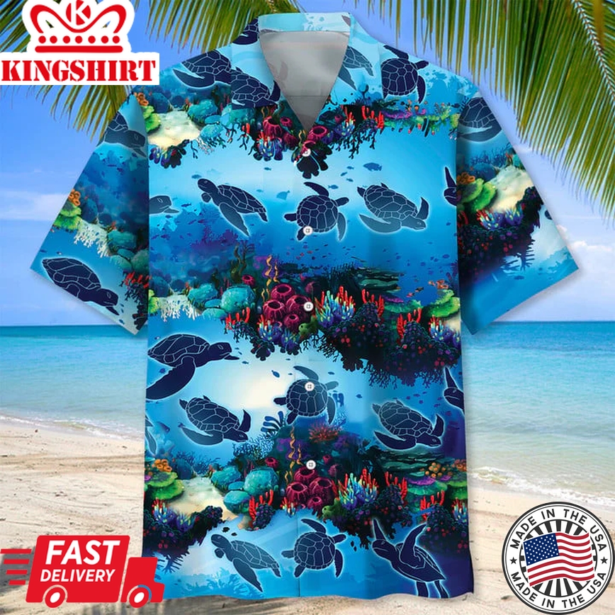 Turtle Ocean Trendy Hawaiian Shirt, Unisex Summer Beach Casual Short Sleeve Summer Vacation Beach Shirts