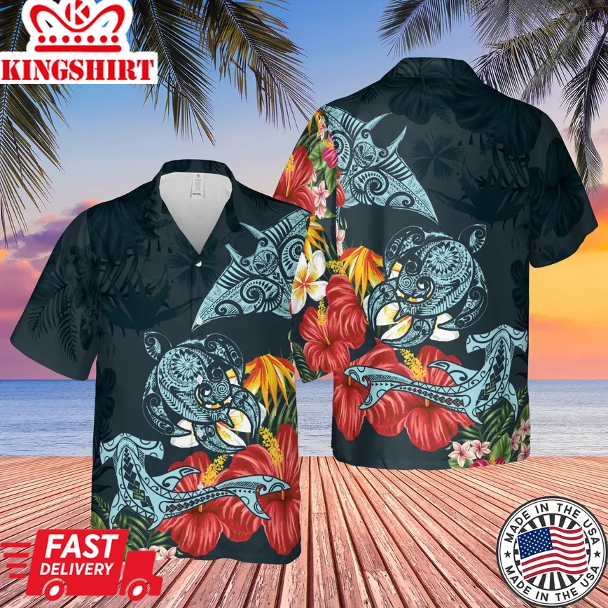 Turtle Shark Manta Ray Hibiscus Plumeria Trendy Hawaiian Shirt For Aloha Shirt