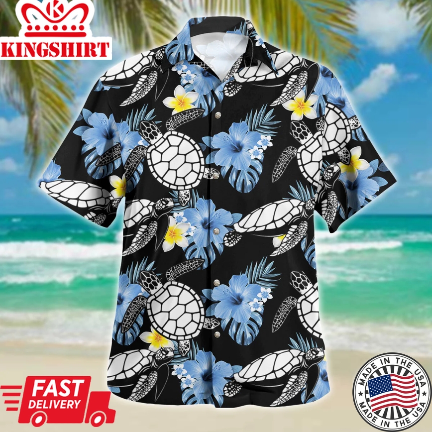 Turtle Trendy Hawaiian Shirt Blue Hibiscus Silhouette