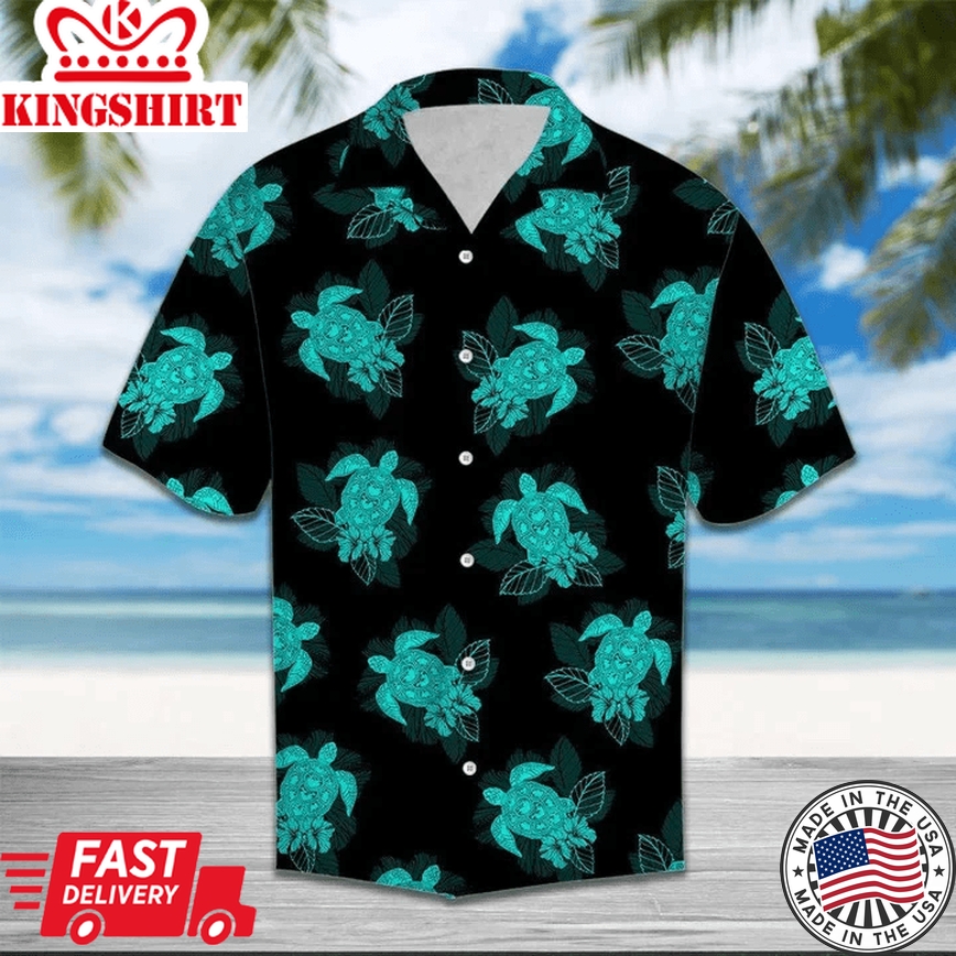 Turtle Trendy Hawaiian Shirt For Men, Women, Turtle Dark Turquoise And Black Trendy Hawaiian Shirt