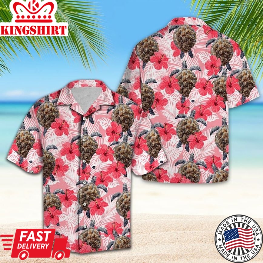 Turtle Tropical Flowers Hibiscus Trendy Hawaiian Shirt, Turtle Lover Trendy Hawaiian Shirt For Summer Gifts