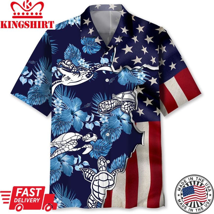 Turtle Tropical Us Flag Trendy Hawaiian Shirt