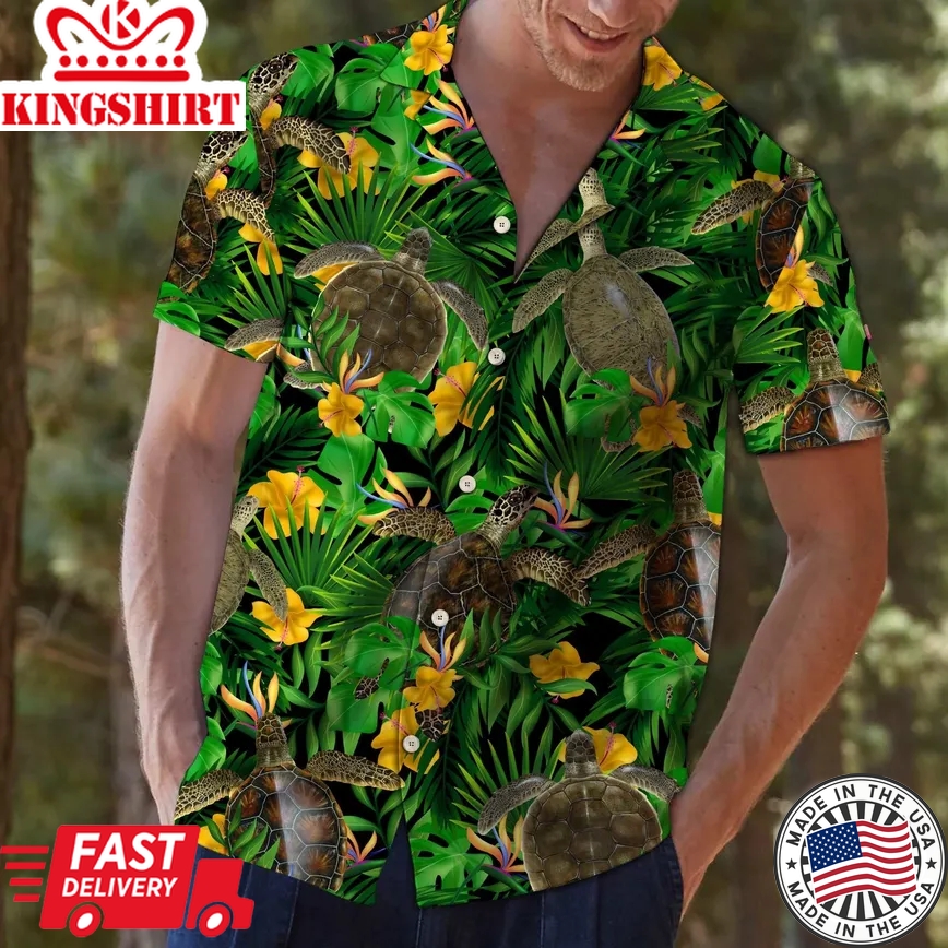 Turtle Tropical Wild Flower Trendy Hawaiian Shirt, Turtle Lover Trendy Hawaiian Shirt For