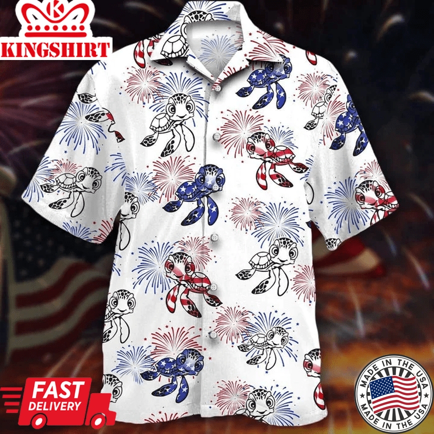 Turtles And Fireworks White Theme Trendy Hawaiian Shirt