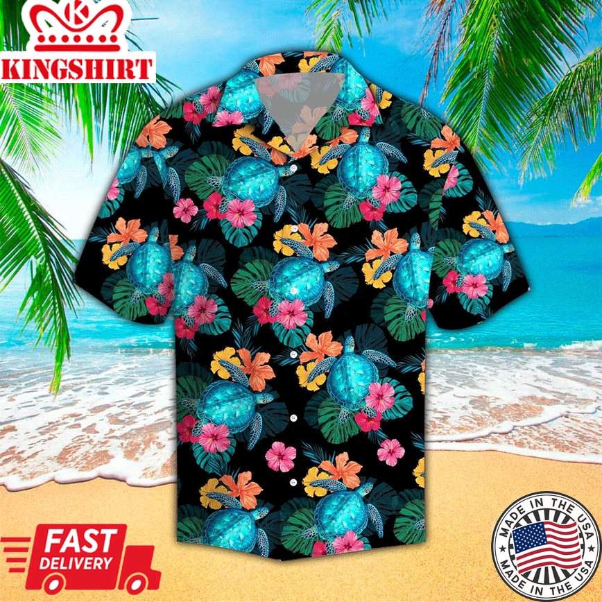 Turtles Hibiscus Tropical Polyester Trendy Hawaiian Shirt