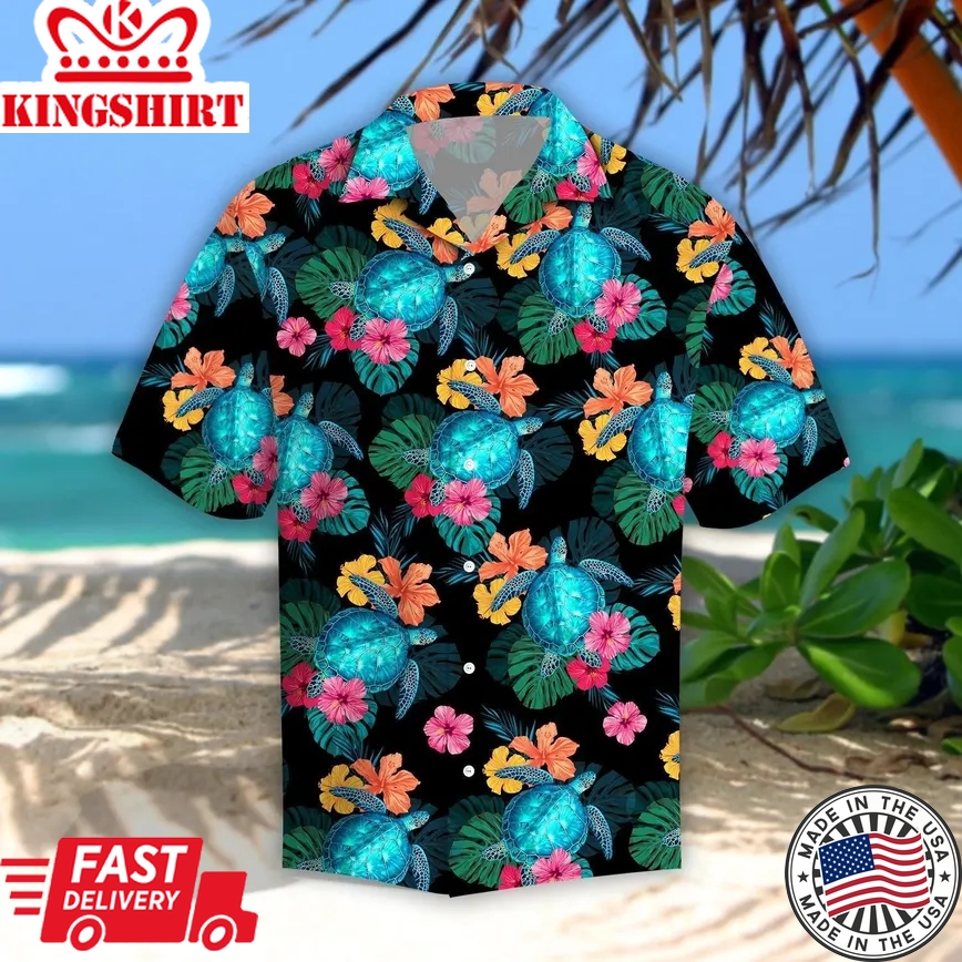 Turtles Hibiscus Tropical Trendy Hawaiian Shirt, Turtle Lover Trendy Hawaiian Shirt For