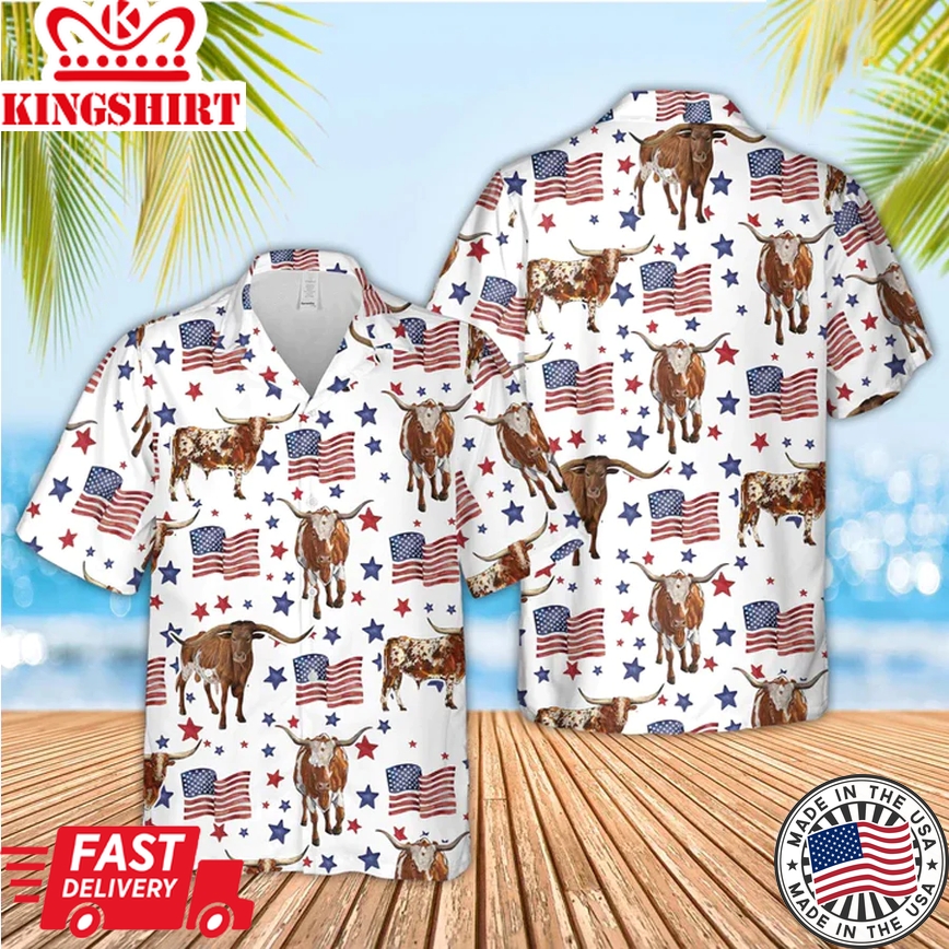 Tx Longhorn American Flag Pattern Trendy Hawaiian Shirt, Funny Cow Trendy Hawaiian Shirt, 4Th Of July Trendy Hawaiian Shirt