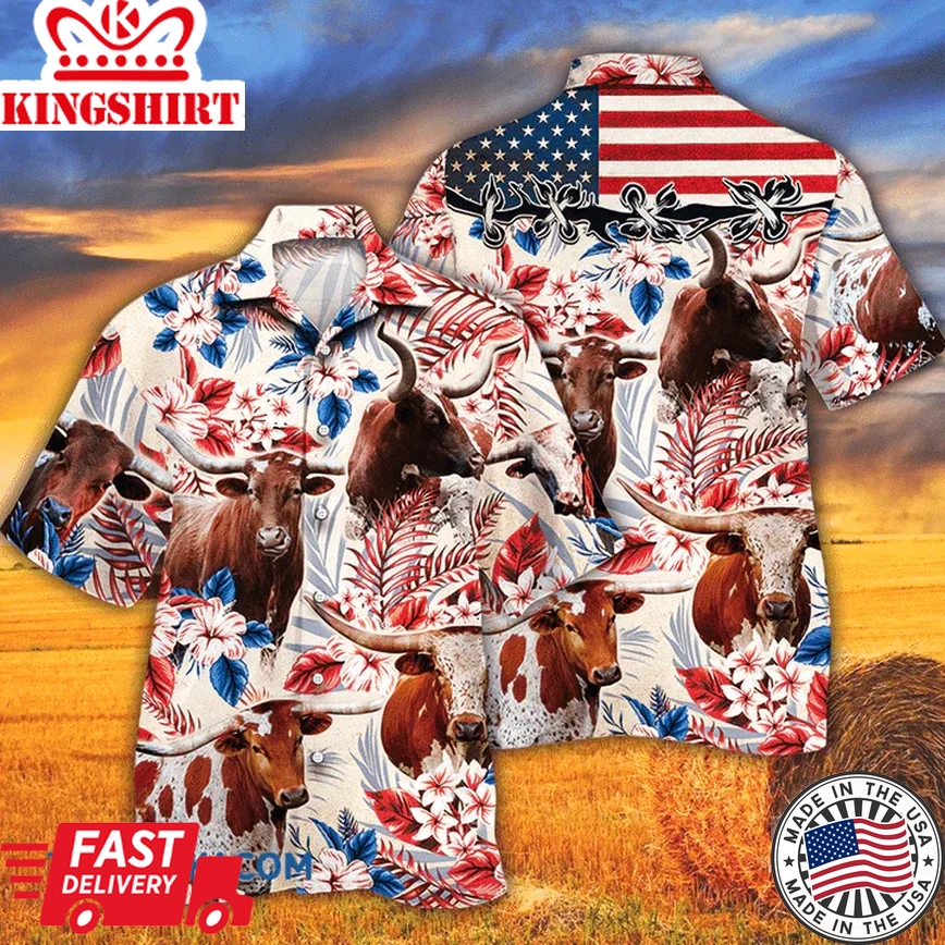 Tx Longhorn Cattle American Flag Trendy Hawaiian Shirt, Cow Trendy Hawaiian Shirt For Summer Gifts