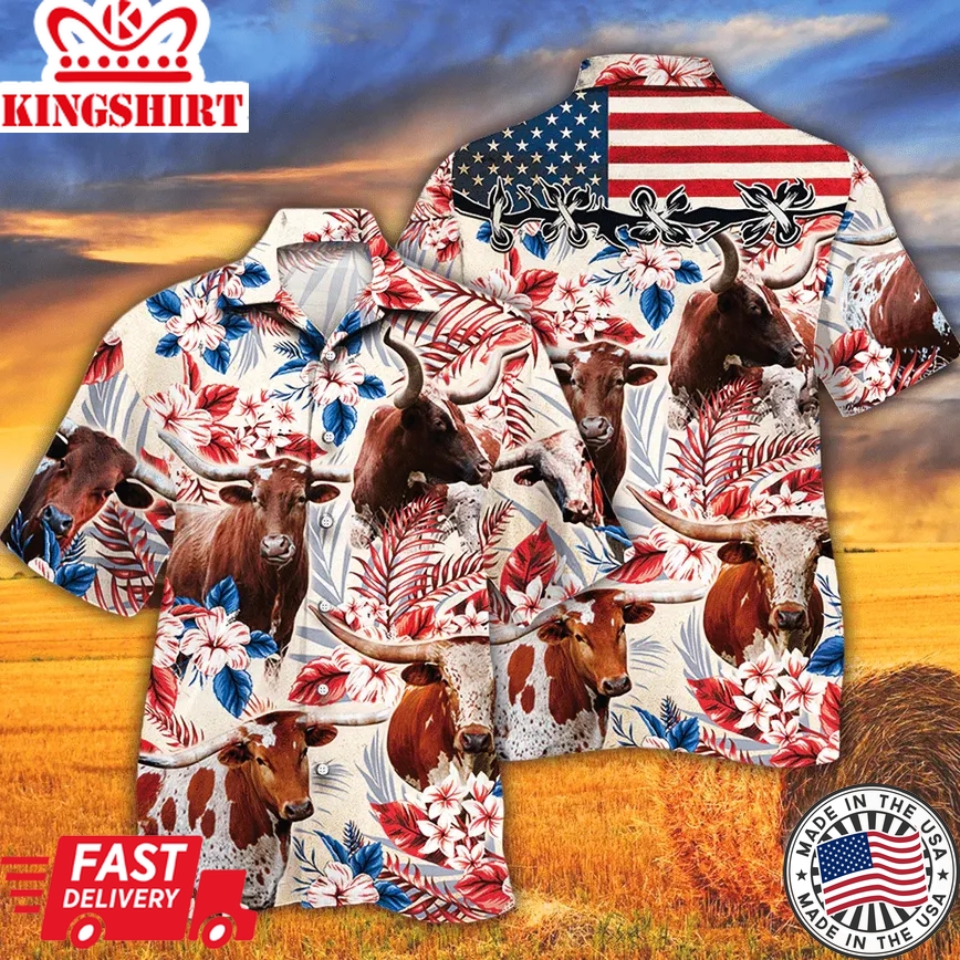 Tx Longhorn Cattle Lovers American Flag Trendy Hawaiian Shirt, Cow Trendy Hawaiian Shirt For Summer Gifts