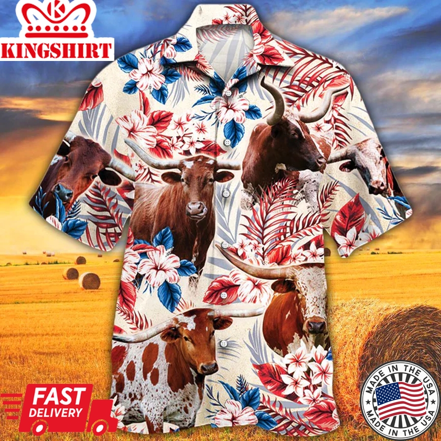 Tx Longhorn Cattle Lovers American Flag Trendy Hawaiian Shirt, Cow Trendy Hawaiian Shirt Vintage Flower, Trendy Hawaiian Shirt Men, Trendy Hawaiian Shirt Women