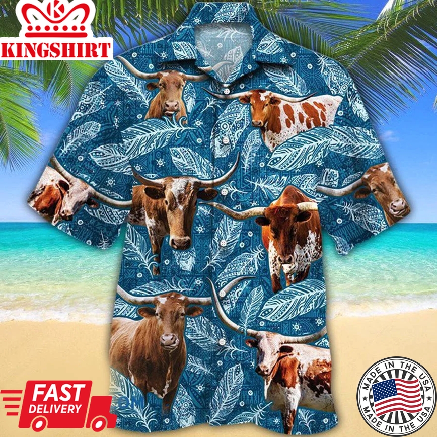 Tx Longhorn Cattle Lovers Blue Feather Hawaii Trendy Hawaiian Shirt