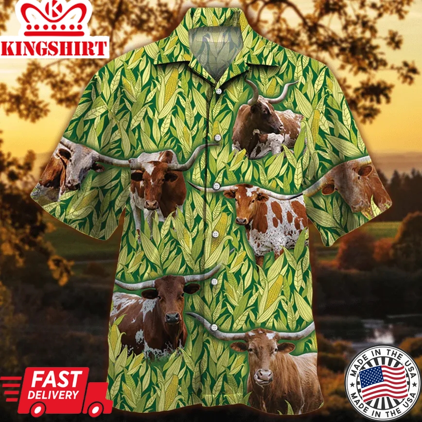 Tx Longhorn Cattle Lovers Corn Pattern Trendy Hawaiian Shirt, Cow Trendy Hawaiian Shirt For Summer Gifts