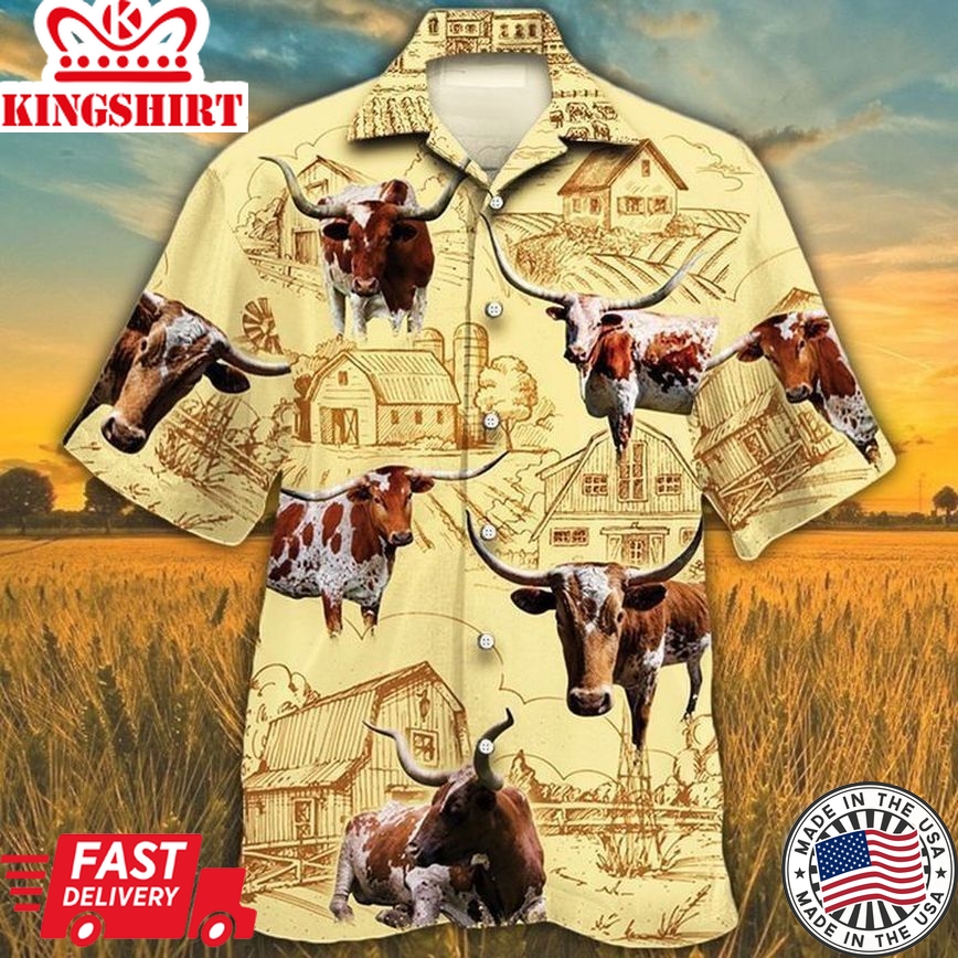 Tx Longhorn Cattle Lovers Farm Hawaiian Trendy Hawaiian Shirt, Cow Trendy Hawaiian Shirt For Summer Gifts