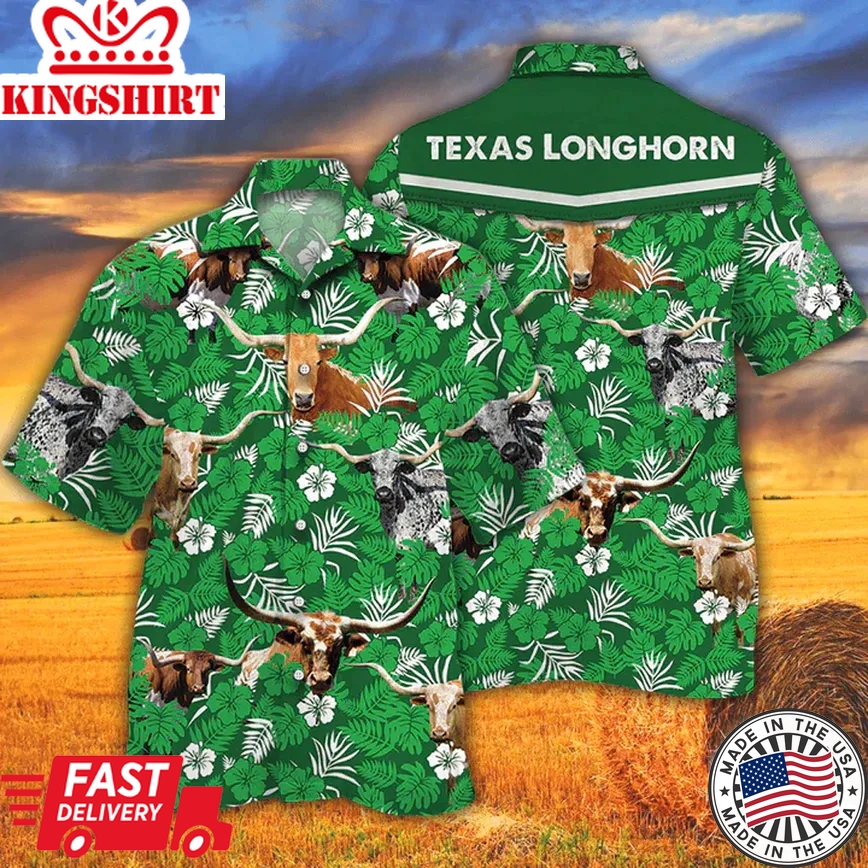 Tx Longhorn Cattle Lovers Green Floral Pattern Trendy Hawaiian Shirt, Cow Men's Trendy Hawaiian Shirt Vintage Farm Trendy Hawaiian Shirts