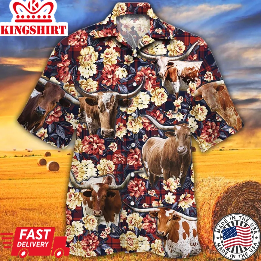 Tx Longhorn Cattle Lovers Red Plaid Pattern Trendy Hawaiian Shirt, Cow Trendy Hawaiian Shirt For Summer Gifts