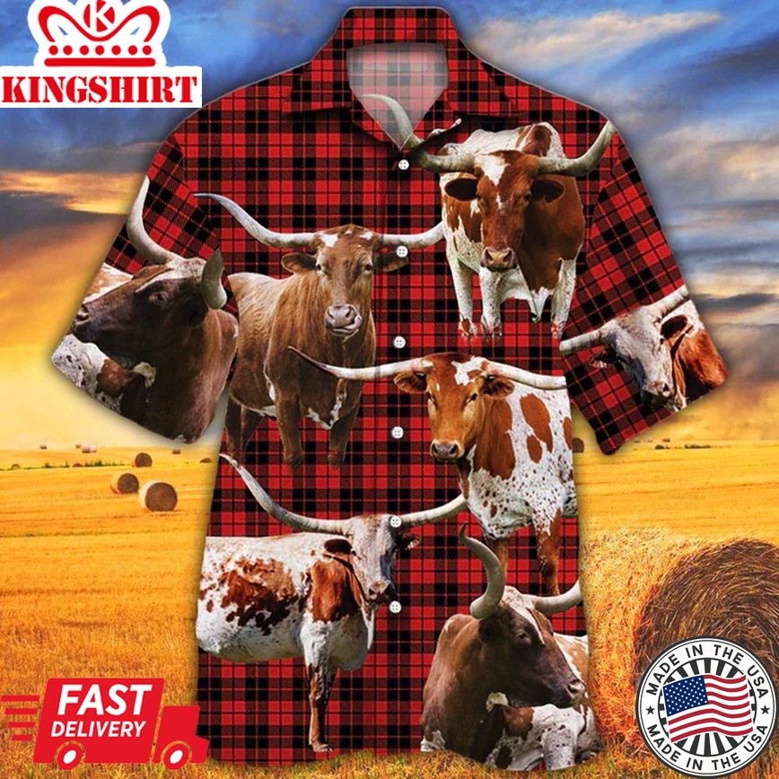 Tx Longhorn Cattle Lovers Red Tartan Pattern Trendy Hawaiian Shirt, Cow Aloha Shirt, Gift For Cow Lovers