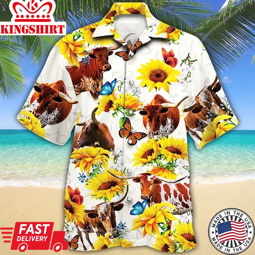 Tx Longhorn Cattle Lovers Sun Flower Trendy Hawaiian Shirt