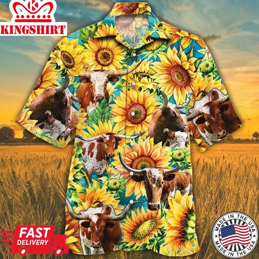 Tx Longhorn Cattle Lovers Sunflower Watercolor Trendy Hawaiian Shirt