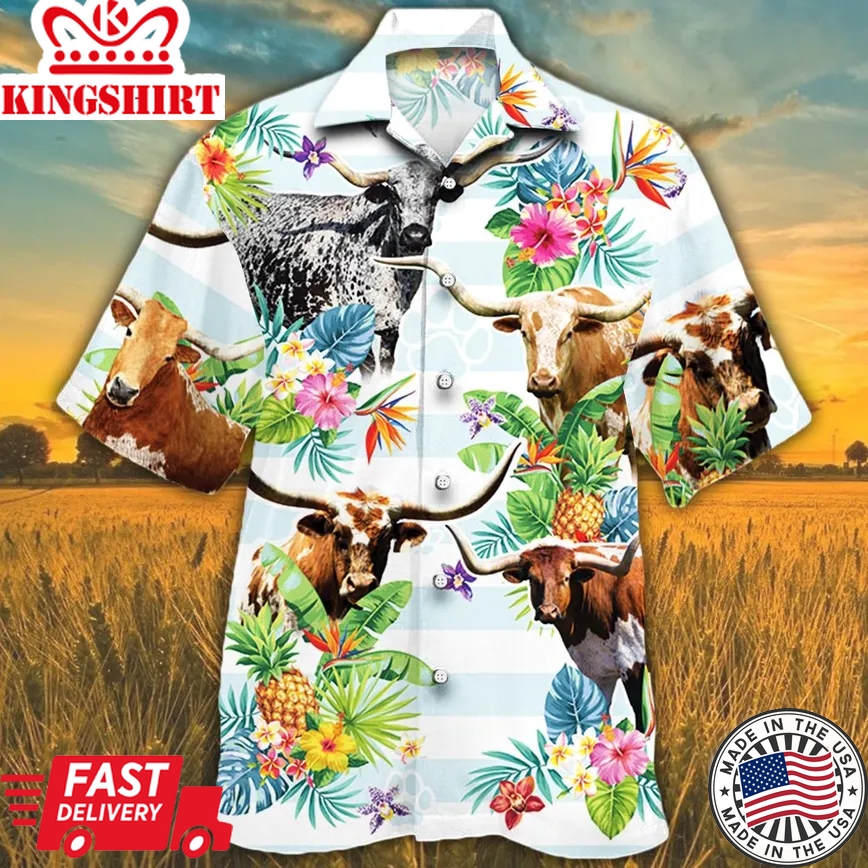 Tx Longhorn Cattle Lovers Tropical Flower Trendy Hawaiian Shirt