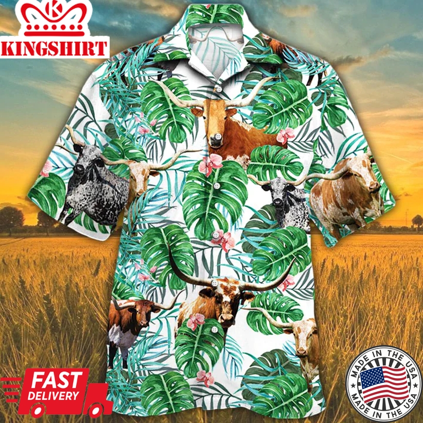 Tx Longhorn Cattle Lovers Tropical Plant Trendy Hawaiian Shirt, Cow Trendy Hawaiian Shirt,