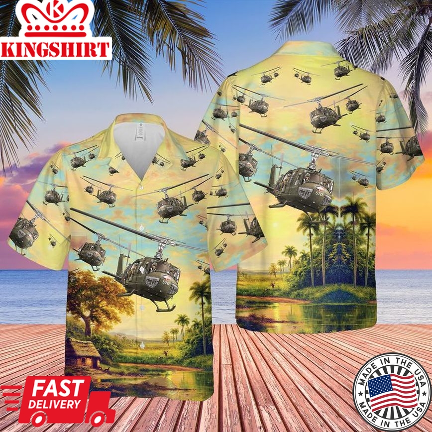 U.S. Army Bell UH-1 Huey Trendy Hawaiian Shirt: Camouflage and Paradise Blend