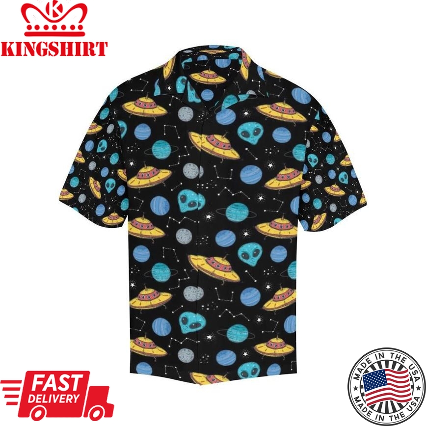 Ufo Alien Hawaii Shirt Yellow Ufo Blue Alien Blue Planet Pattern Hawaiian Aloha Shirt