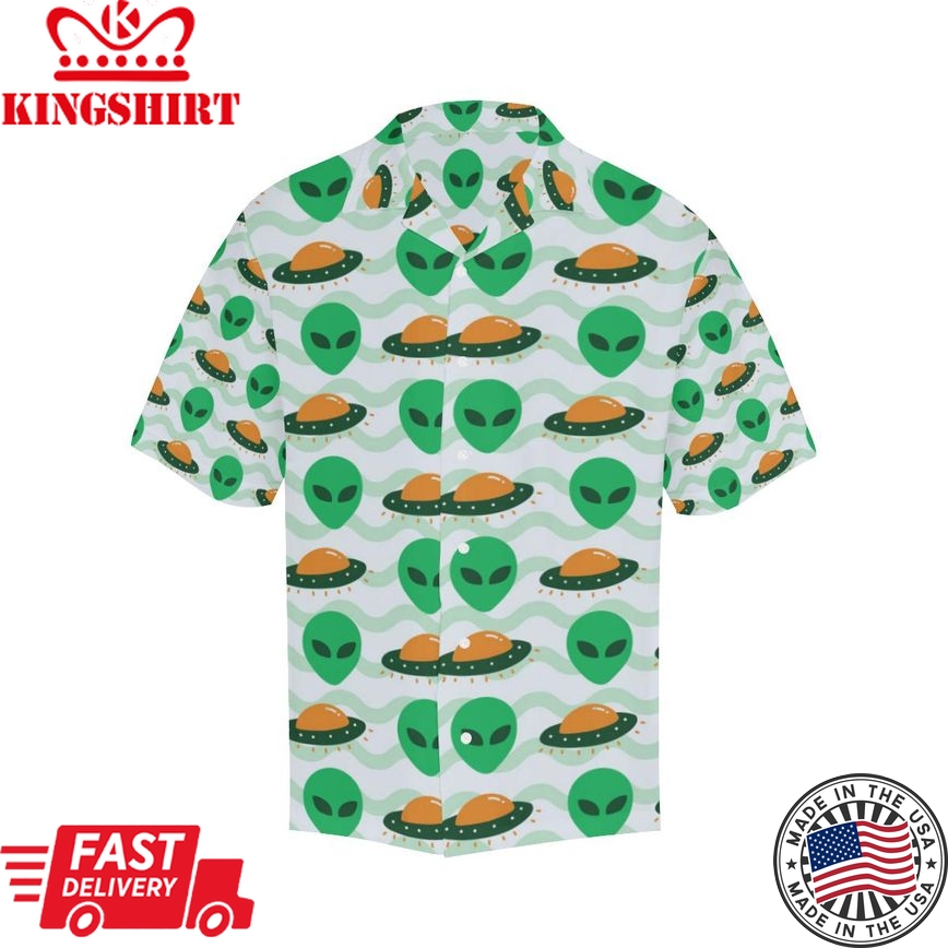 Ufo Aloha Shirt Green Alien Orange Ufo White Hawaiian Shirt