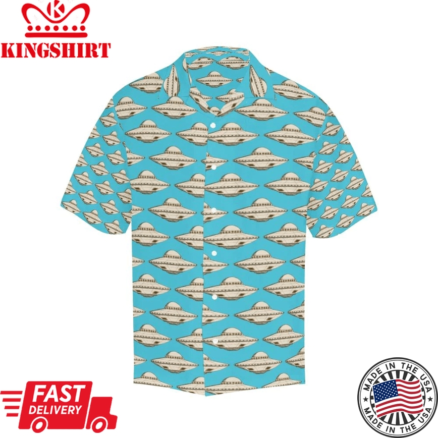 Ufo Hawaii Shirt White Ufo Pattern Blue Trendy Hawaiian Shirt Ufo Aloha Shirt