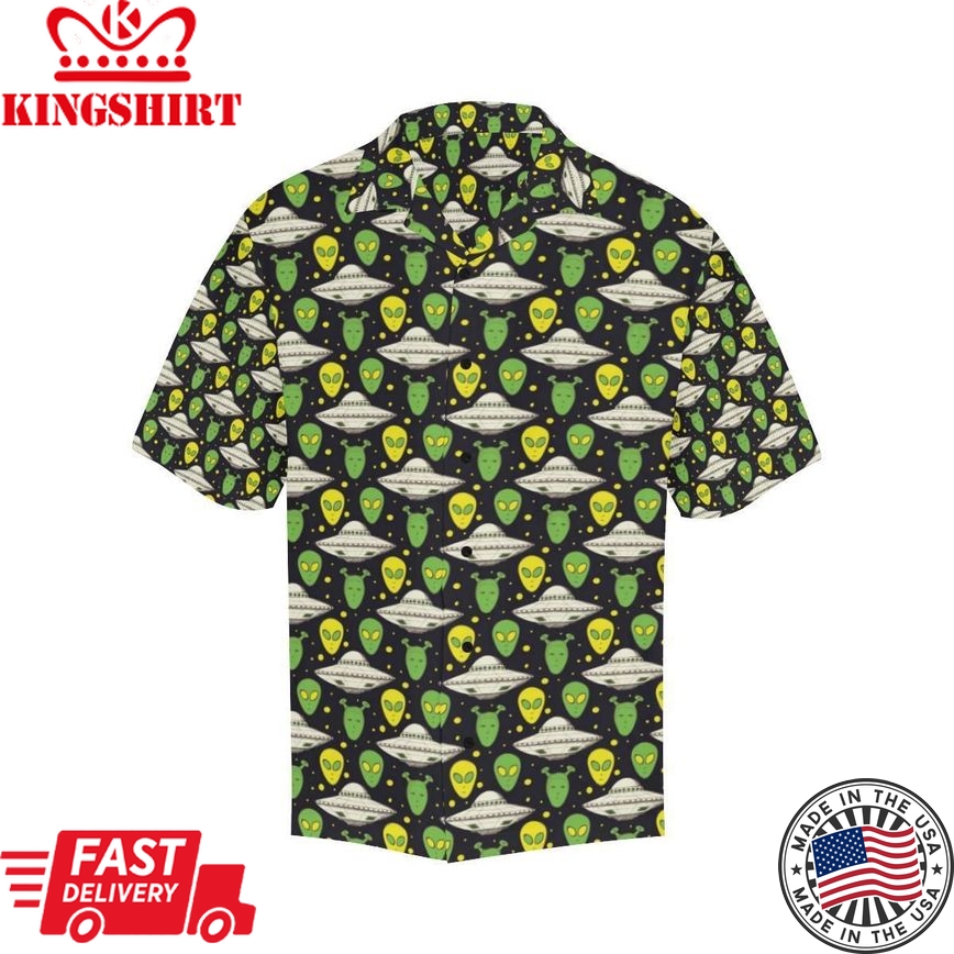 Ufo Hawaiian Shirt Green Yellow Aliens White Ufo Pattern Hawaii Aloha Shirt