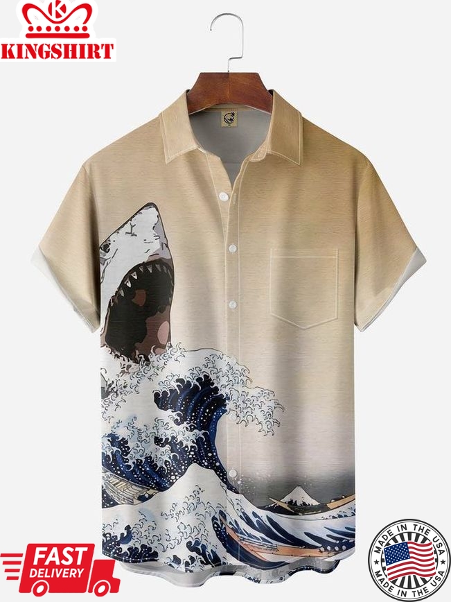 Ukiyo-E Shark Chest Pocket Short Sleeve Hawaiian Shirt